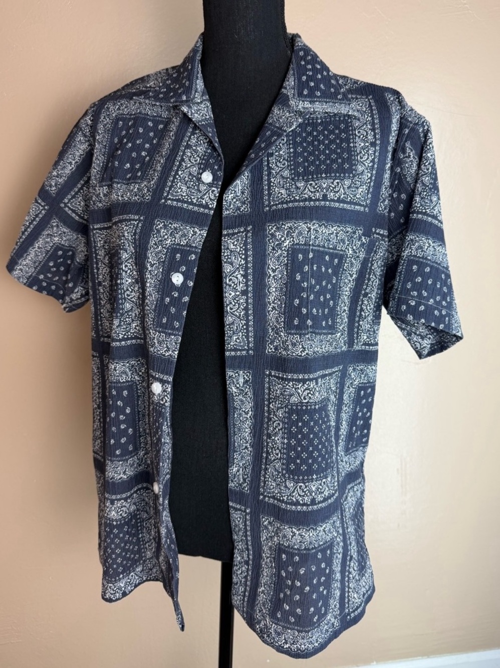Non Stock MFG MENS Navy Blue Bandana Print Patchwork Shirt